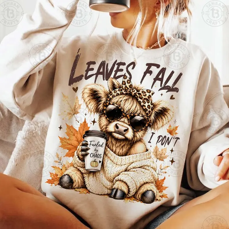 Leaves Fall I Don't Sweatshirt, Highland Cow Fall Crewneck, Retro Autumn Cow Sweatshirt, Western Farm Animal Fall Apparel