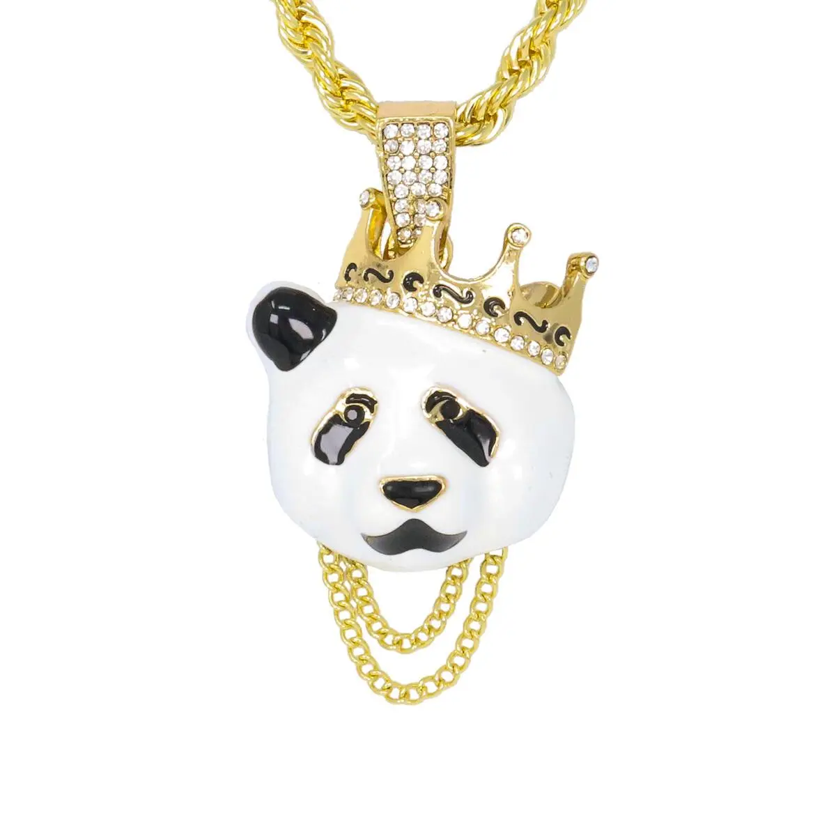 Iced Medium Panda Pendant with 4mm Rope Chain 24"