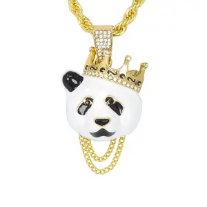 Iced Medium Panda Pendant with 4mm Rope Chain 24"