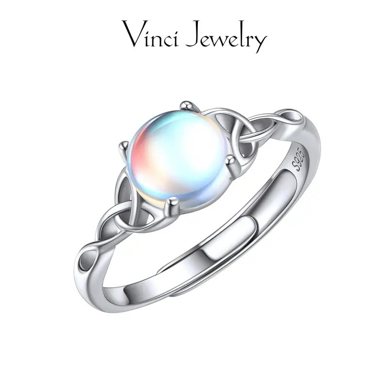 925 Sterling Silver Celtic Knot Ring with Artificial Moonstone - Halloween Fashion Costume Jewelry, Elegant Fine Jewelry Gift for Birthday