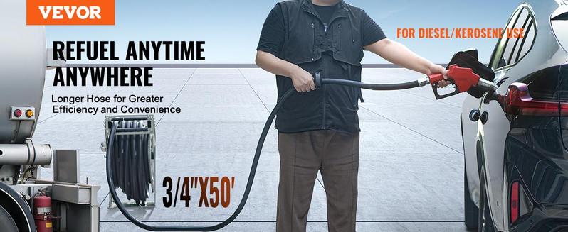 VEVOR Fuel Hose Reel, TikTokShopBlackFriday, Extra Long Retractable Diesel Hose Reel, Heavy-Duty Carbon Steel Construction with Automatic Fuel Nozzle, NBR Rubber Hose for Aircraft Ship Vehicle Tank Truck, 300PSI