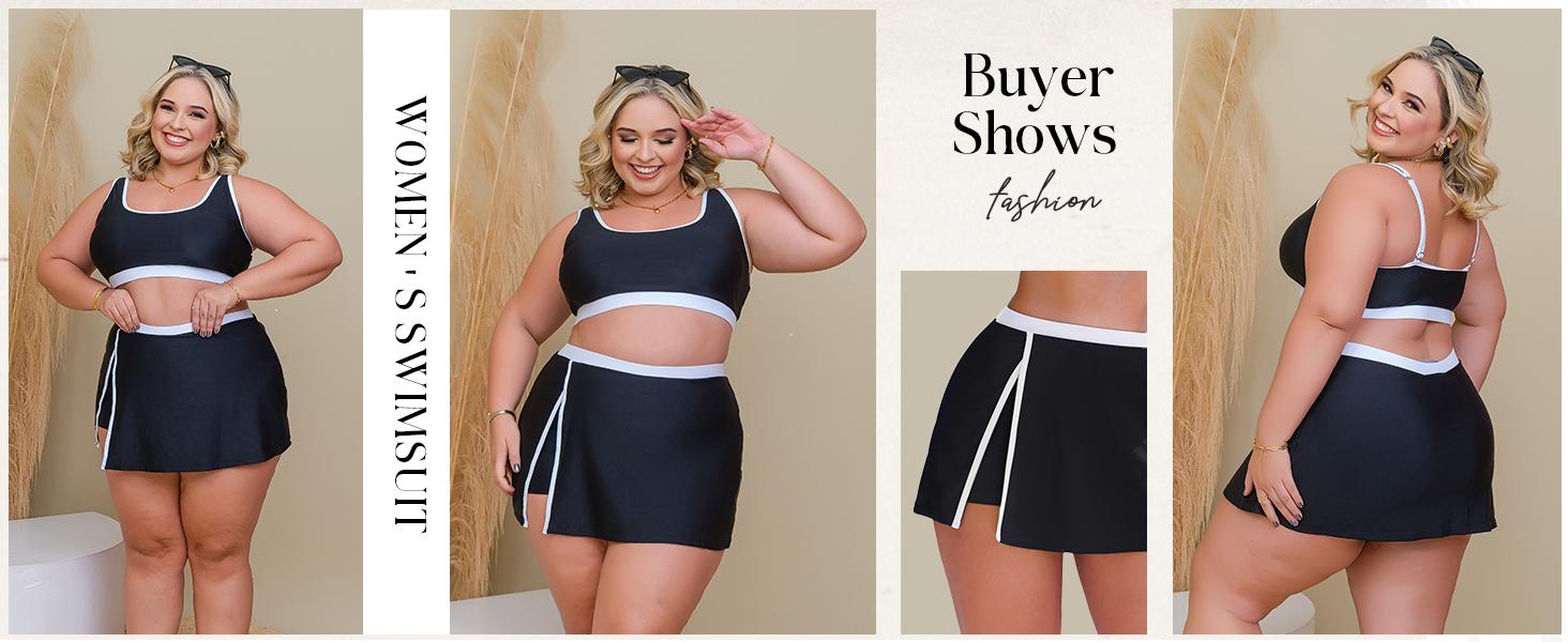 【S-2XL】Hanna Nikole Bikini Sets for Women Color Block Swimsuits with Side Slit Swim Skirt SpringStatements