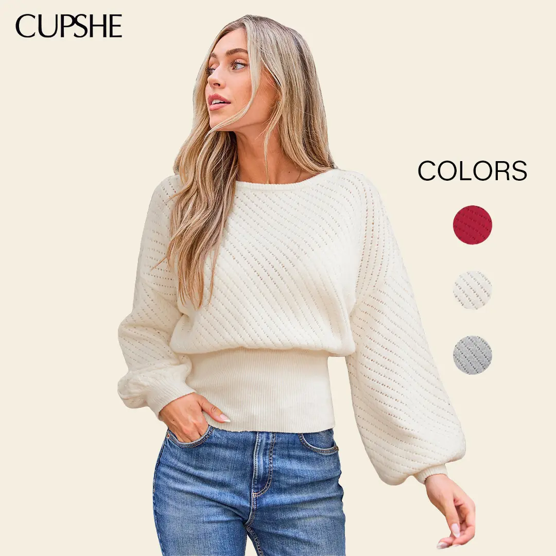 Cupshe Women's Boatneck Knit Sweater, Casual Long Sleeve Top with a Cinched Waist for Minimalist Spring Fashion, Knitted Tops, Knit Clothing