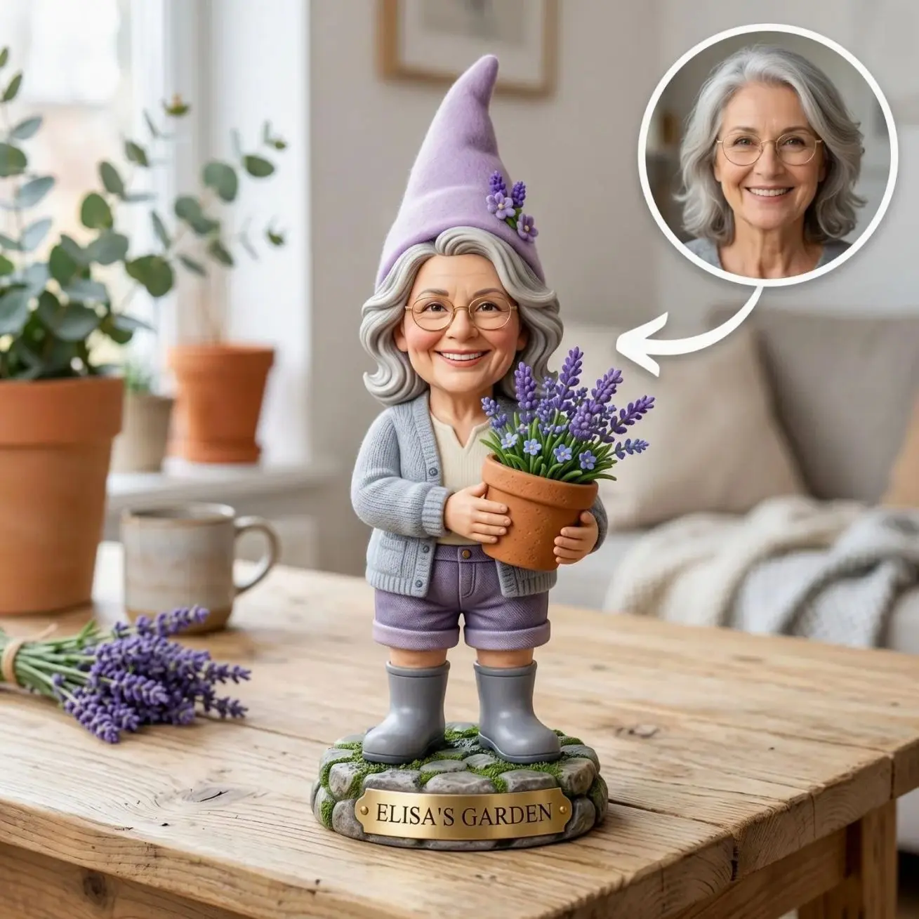 Personalized Grandma Garden Gnome 2D FLAT Wooden Block, Custom Photo Face and Name, Gardening Decor Keepsake, Unique Gift for Grandma