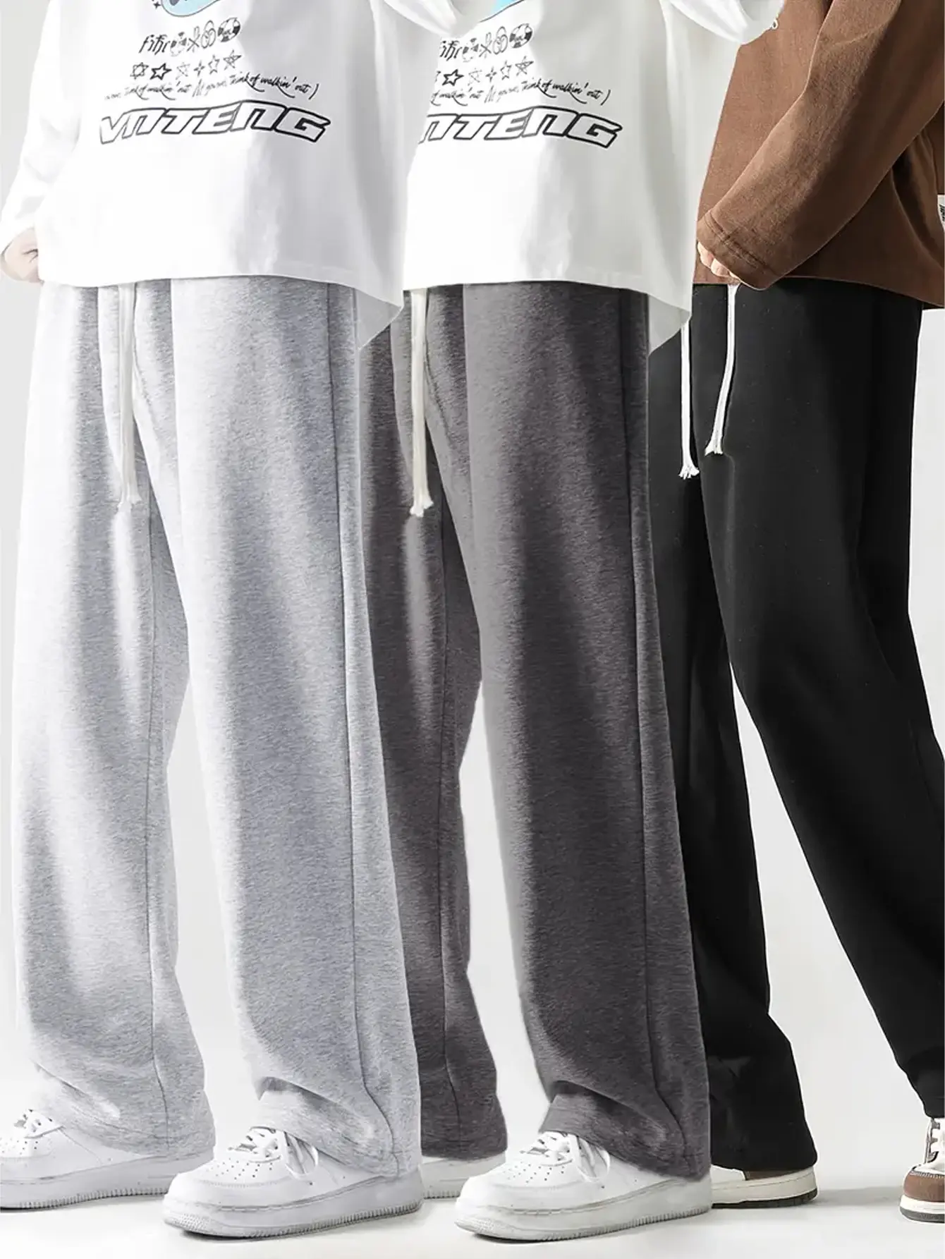 Men's Plain Knit Wide Leg Pants, Urban Casual Style with Drawstring Mid Waist, Wrinkle-Resistant Fabric