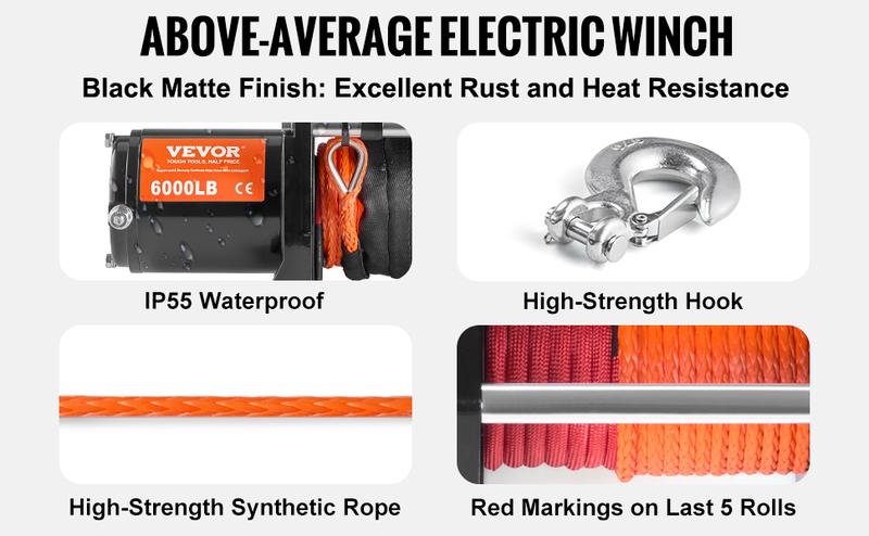 VEVOR Electric Winch for Truck 6000 lb Synthetic Rope Waterproof Remote Control
