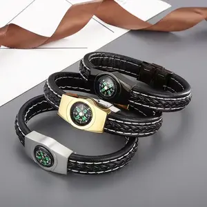 European and American trendy men's leather woven bracelet, personalized compass wristband, men's bracelet accessory set
