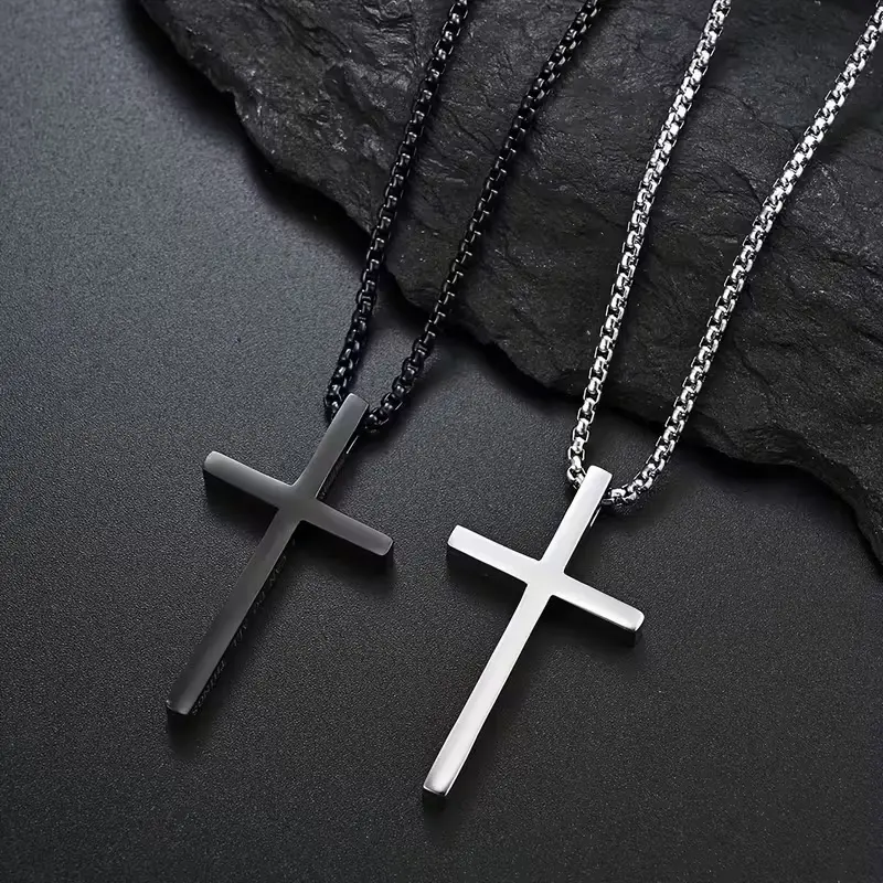Unisex 2-Piece 316L Stainless Steel Cross Chain Set, Solid Christian Style Minimalist Elegant Jewelry, Titanium-Plated Casual Necklaces for Men and Women, Simple Cross, Cross Pendant