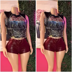 Women's Two Piece Set - Graphic Crop Top & High-Waisted Shorts - Maroon Leather Look - Trendy Fashion