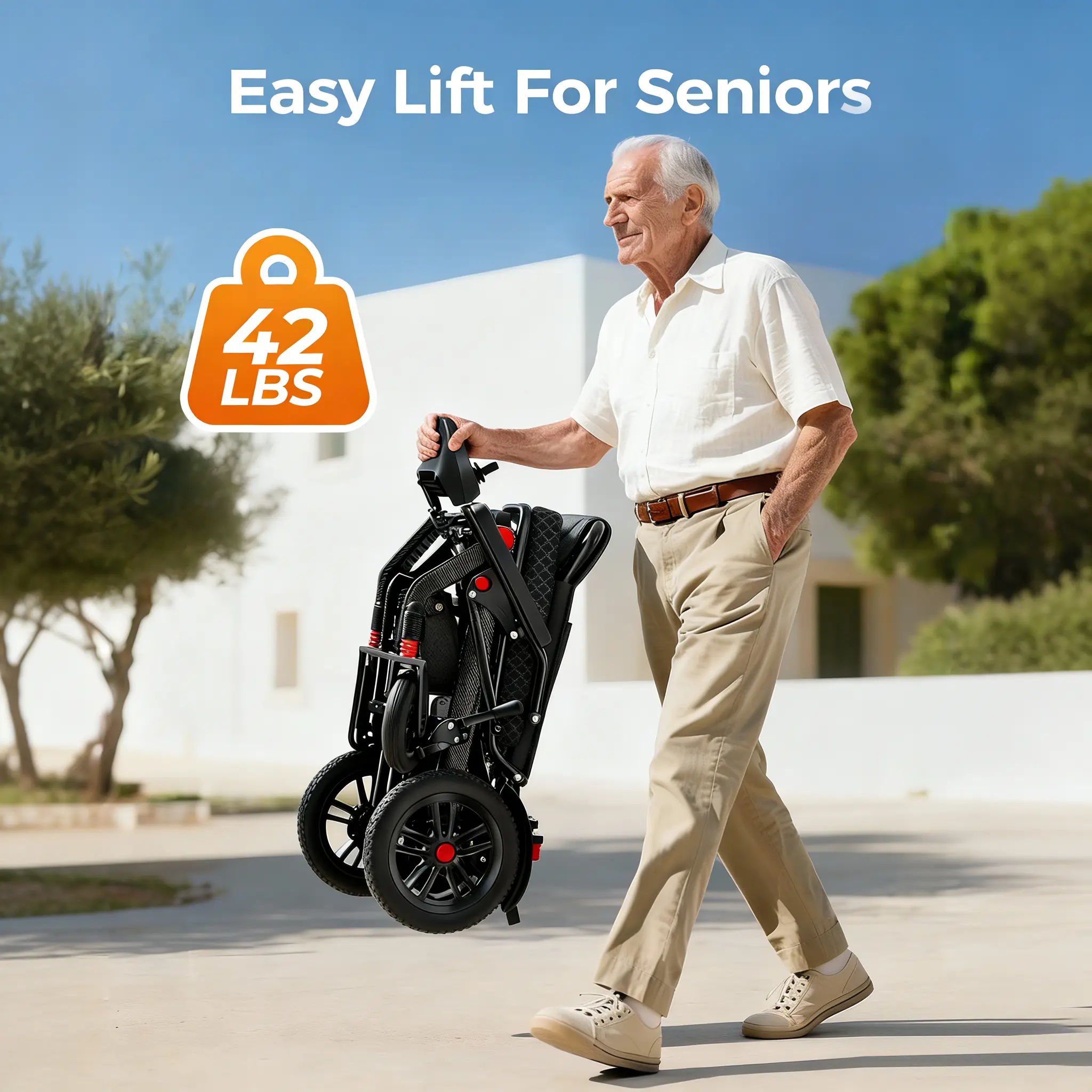 Unisex Adult 15Ah Fast-Charge LiFePO4 Battery Electric Wheelchair, 19.5kg Ultralight Foldable Travel Mobility Chair, 350lbs Capacity All-Terrain Power Chair with Carbon Fiber Style Aluminum Alloy Lighter Frame for Seniors, Adults