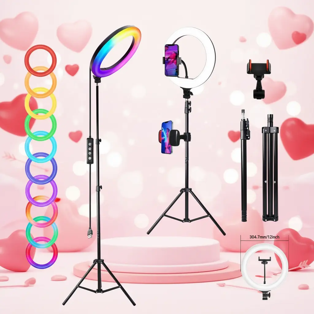 12-Inch Adjustable LED Ring Light With 1.6M Extendable Two-Part Tripod And 2 Phone Clips - RGB Color Changing & Dimmable For Content Creation/Vlogging/TikTok Videos/March Madness/Spring Break - SuperBowl / International Women's Day