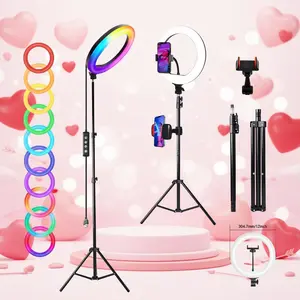 12-Inch Adjustable LED Ring Light With 1.6M Extendable Two-Part Tripod And 2 Phone Clips - RGB Color Changing & Dimmable For Content Creation/Vlogging/TikTok Videos/March Madness/Spring Break - SuperBowl / International Women's Day