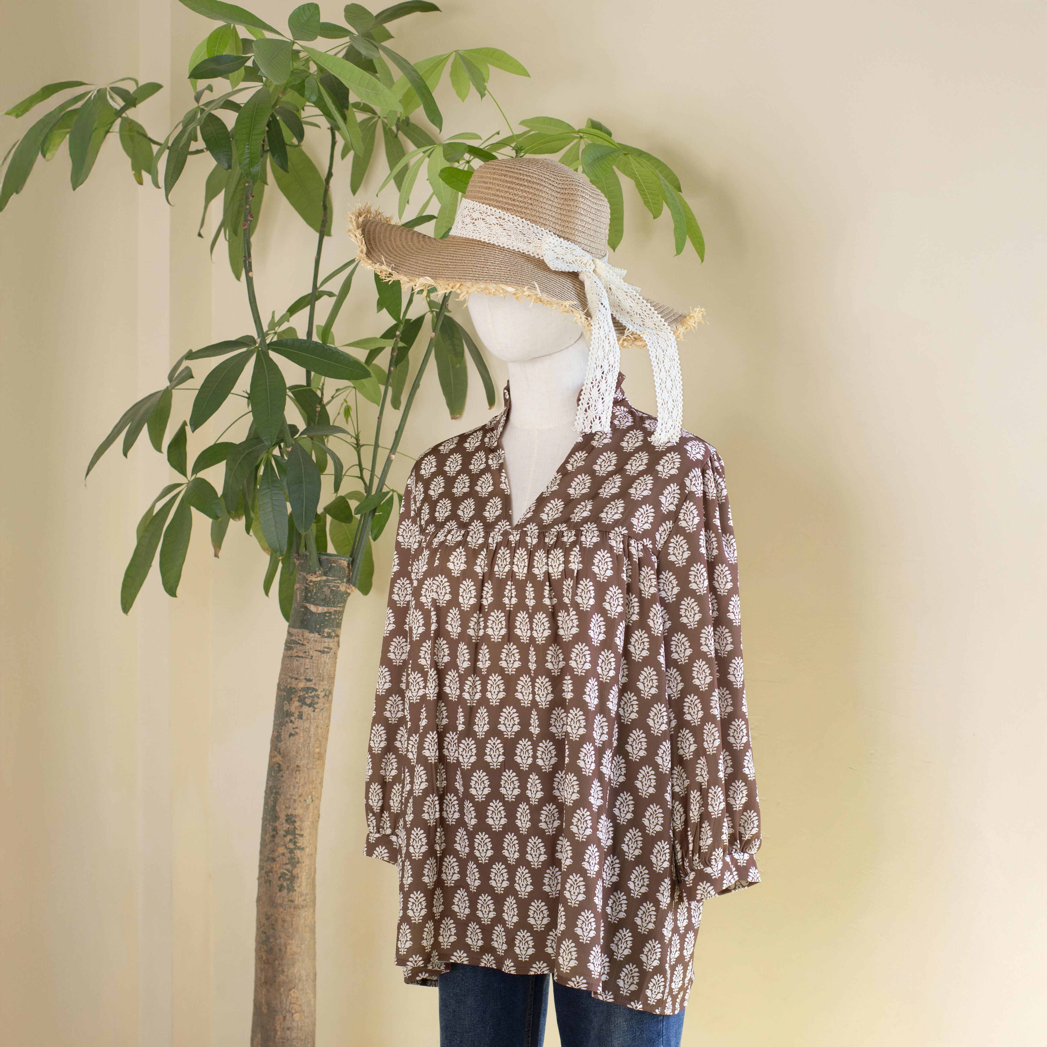 SageVell Charming Vintage Floral Printed V Neck Blouse Women's Cozy 3/4 Sleeve Top Brown Fabric Medium Cotton Viscose Fitted Shirts Boho Elegant Feminine Jeans Outfit SpringStatements