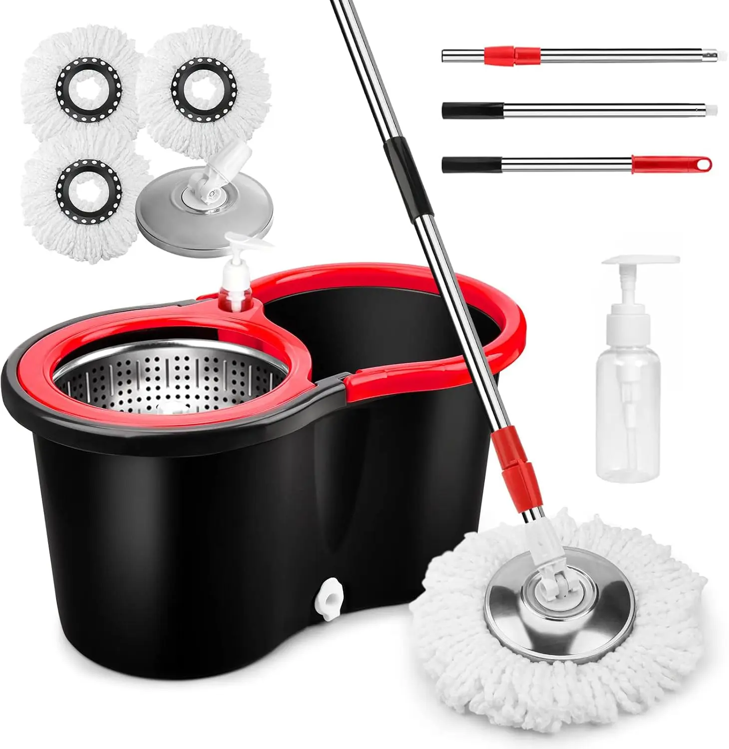 Multicolor Rotating Long-Handled Mop and Bucket Set - Auto Rotating 360° Spin Function, 3 Microfiber Mop Heads, Stainless Steel Adjustable Extended Handle, Non-Slip Design, Household Floor Deep Cleaning Supplies