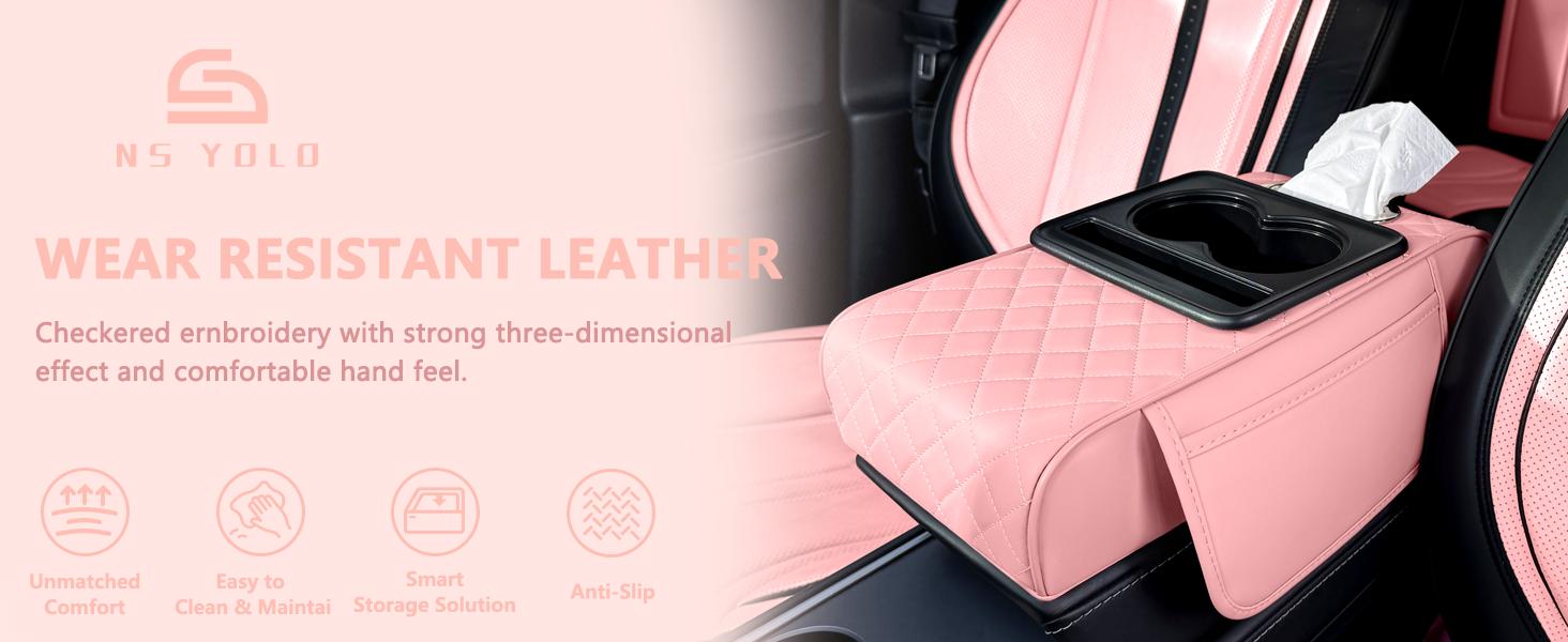 NS YOLO Premium PU Leather Car Armrest Pillow  Universal Center Console Cushion with Cup Holder, Phone Slot & Side Storage Bags, Ergonomic Design to Relieve Driving Fatigue, Available in 4 Stylish Colors