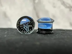PAIR Blue Jellyfish Glass Double Flare Plugs Tunnel Gauges Glow in the Dark