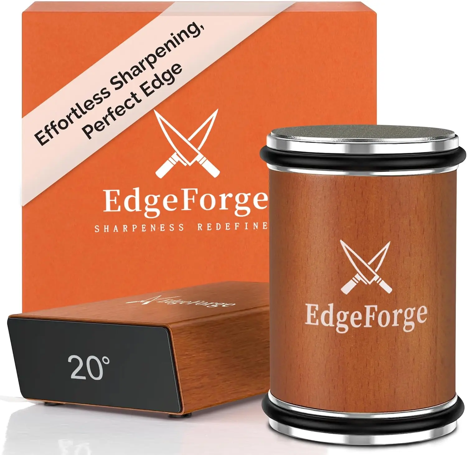 EDGEFORGE Rolling Knife Sharpener Kit - Solid Beech Wooden Magnetic Tool with 2-Stage Sharpening, 3000 Grit, 15-20 Degree Fixed Angle, Ergonomic Design for Kitchen, Pocket Stainless Steel Knives, Ideal Chef Gift for Foodies