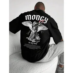 Unisex Men's Letter & Angel Print Drop Shoulder Tee, Regular Fit Casual Round Neck Half Sleeve T-shirt, Men's Clothes for Daily Wear