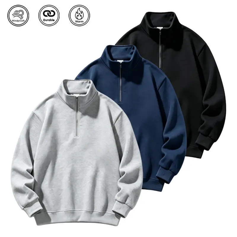Menswear Plain Half-Zip Sweatshirt, Regular Fit Polyester Fleece Mock Neck Top with Longsleeve Drop Shoulders for Autumn Winter, Longsleeves, Machine Wash