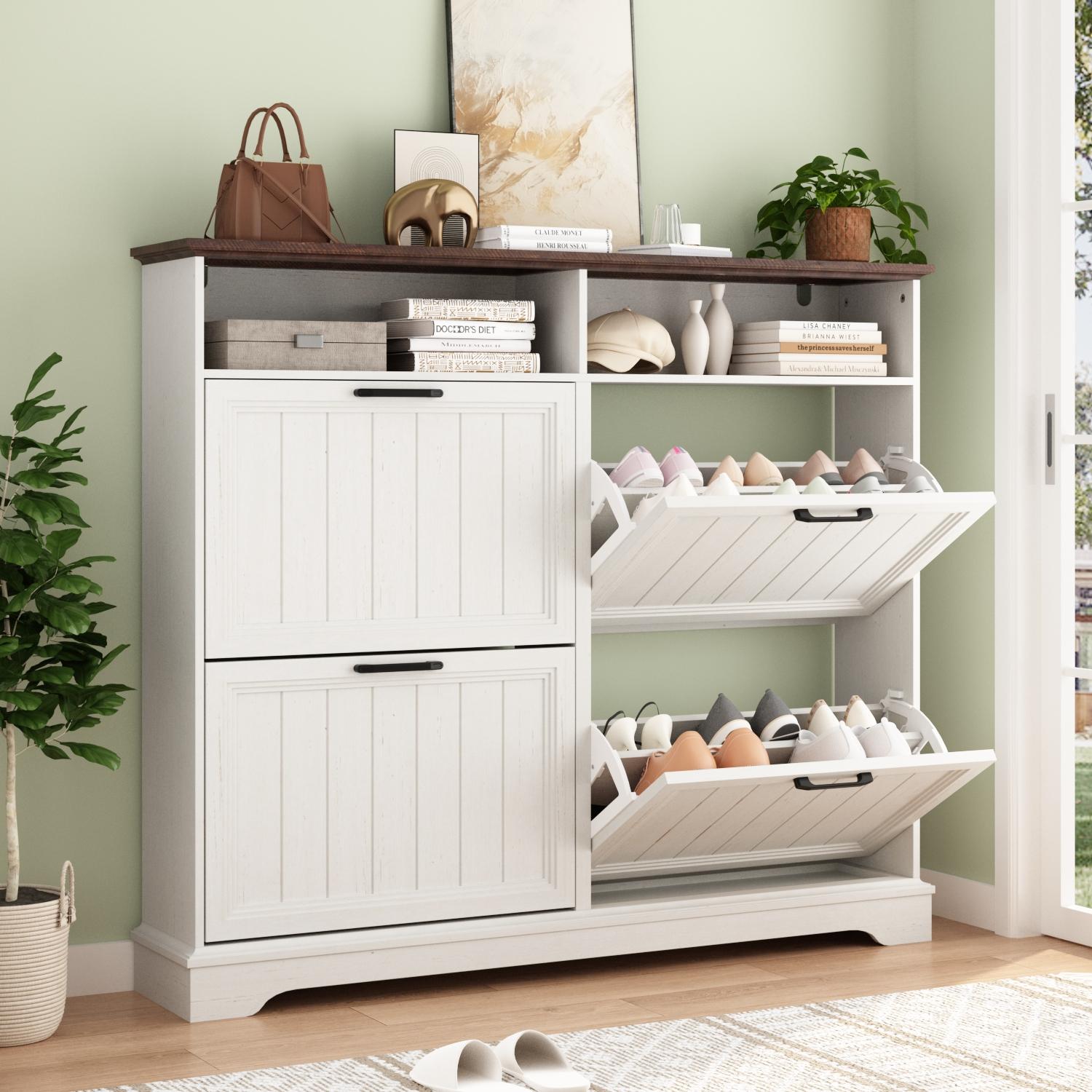 PieDle Shoe Storage Cabinet with 2-4 Flip Drawers, 24" W Farmhouse Modern Hidden Shoes Rack with Adjustable Shelves & Open Storage, Narrow Slim Shoe Organizer for Front Door Entrance, Entryway