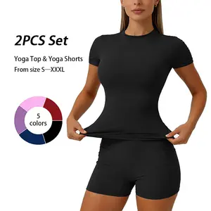 2 piece set women's yoga suit set solid color quick drying short sleeved top with pockets on both sides shorts with tight fit suitable for yoga gym training running cycling golf all season outdoor simple and versatile short sleeved shorts