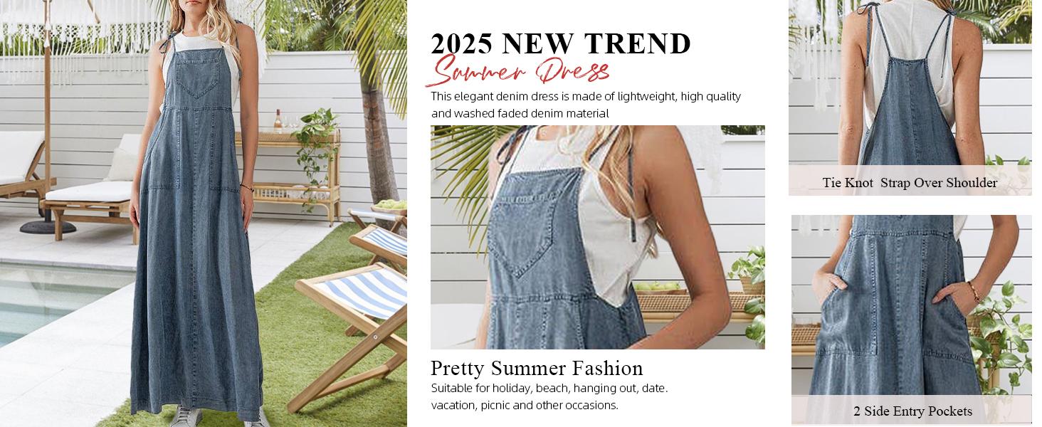 chouyatou 2026 Summer Women's Denim Suspender Dress, Long Denim Overall Dress, Flowy Skirt