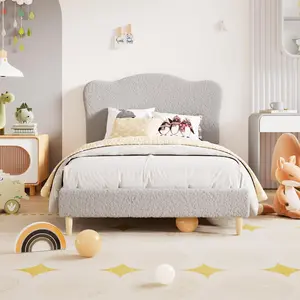 Full Size Kids Bed Frame with Upholstered Scallop Headboard, Light Grey Cute Velvet Full Bed for Girls, Boys, Sturdy Platform Bed Frame with Wooden Slats, No Box Spring Needed, Noise Free
