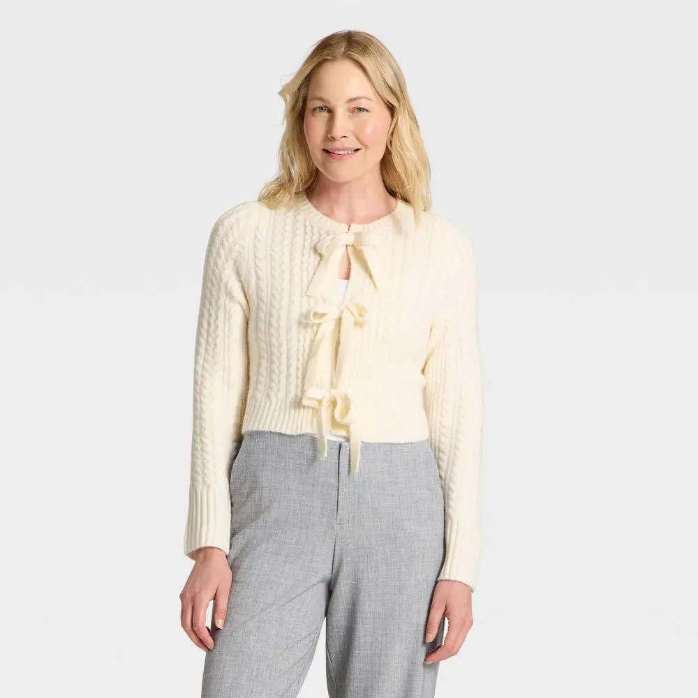 Women's Long Sleeve Bow Cardigan Sweater - A New Day, Polyester-Spandex Fabric, Stylish Garment, Style