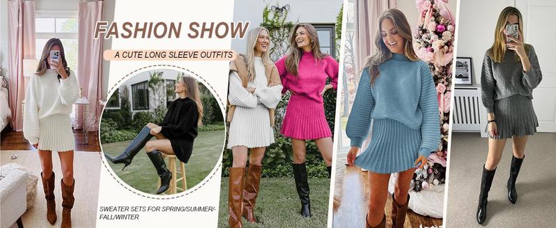 Imily Bela Christmas Women's 2 Piece Outfits Long Sleeve Mock Neck Ribbed Sweaters And Mini Skirt Two Piece Sets