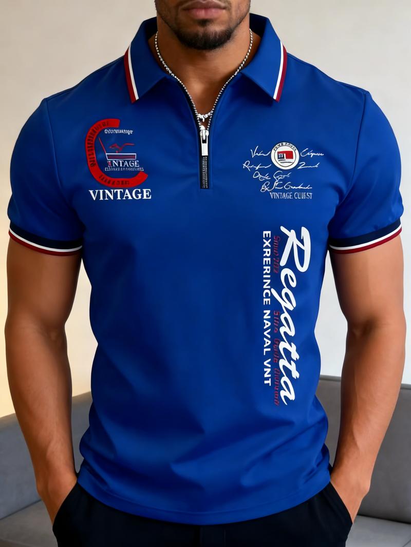 Men's vintage casual Regatta printed polo shirt, short-sleeve with a half-zip, casual and breathable, with contrast trim, suitable for everyday casual and outdoor wear