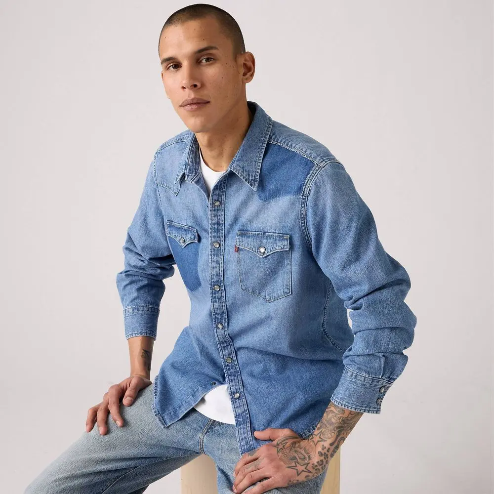 LEVI'S Menswear Western Denim Garment, Classic Standard Fit Long Sleeve Shirt with Snap Pockets, Longsleeves, Fabric