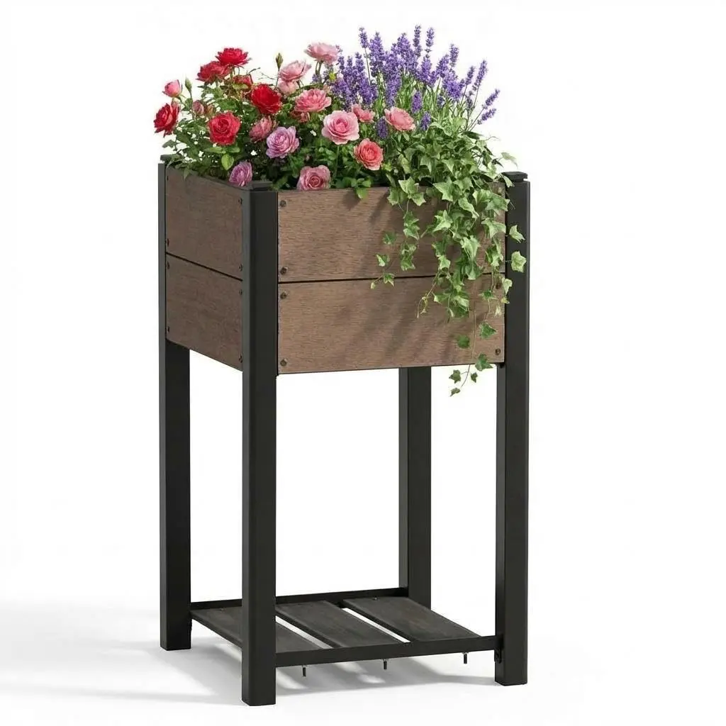 49x49cm HDPE Plastic Raised Garden Bed with Legs & Shelf, Wood Look, Durable Weatherproof 304 Stainless Steel-Aluminium Frame Easy Care Planter with Assembly Guide for Gardening, Balcony (85cm Height)