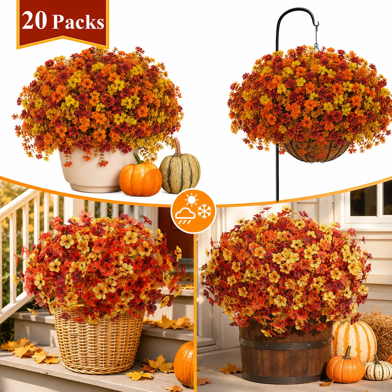 SHareconn 24-Bundles Decorative Faux Flowers Set - UV-Resistant Plastic Daisies, Eucalyptus Leaves, Flexible Stems for Shaping, Photorealism, Daily Geometric Home Outdoor Decor (Garage, Birthday Porch Use)