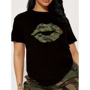 Women's Camo Lip Print T-Shirt, Soft Knit, Breathable & Machine Washable, Casual Round Neck Short Sleeve Top for All Seasons |         Bold Camouflage Design, Black with Green & Brown Accents