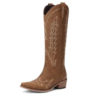 【Valentine's Day Gift】Women's Cowboy Boots - Wide Calf Knee High Western Cowgirl Boots with Retro Pointed Toe, Chunky Heel, Embroidered Design, Vintage Pull-On Style Comfort Bota Fallfashion Casual Shoes