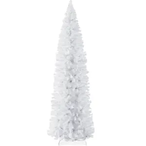 Best Choice Products Unlit Slim Pencil Christmas Tree Collection – 4.5ft to 12ft, Spruce, Black & White with Metal Base
