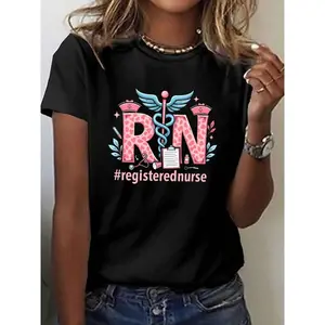 Women'S Registered Nurse Graphic T-Shirt - Short Sleeve Crew Neck Top with Nursing Icons, Casual Summer & Spring Wear, Machine Washable