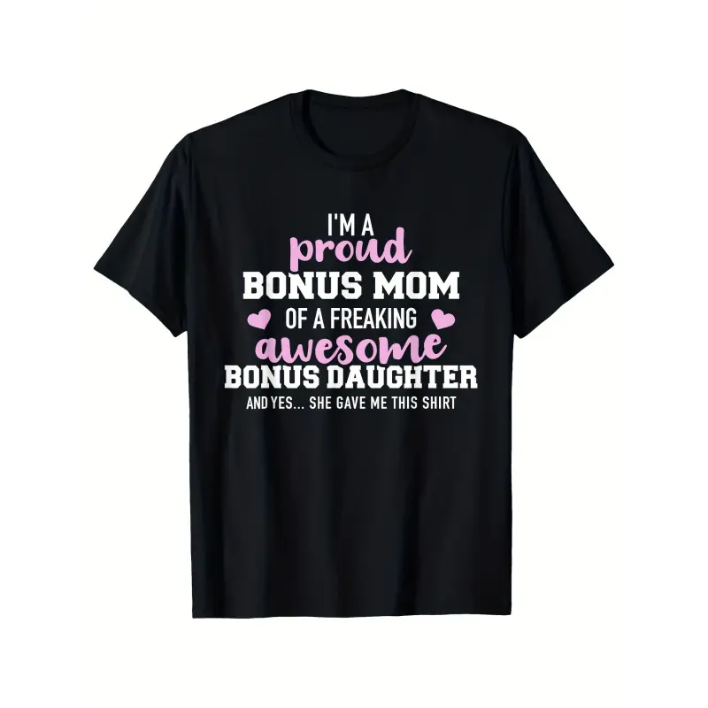 Women's Short-Sleeve Bonus Mom T-Shirt - Funny Step Mom Gift - Black with Pink Lettering - Crew Neck Fitted Cut Soft Cotton Streetwear - Bonus Daughter Birthday/Mother's Day Present - Machine Washable Graphic Print Allseason Family Apparel