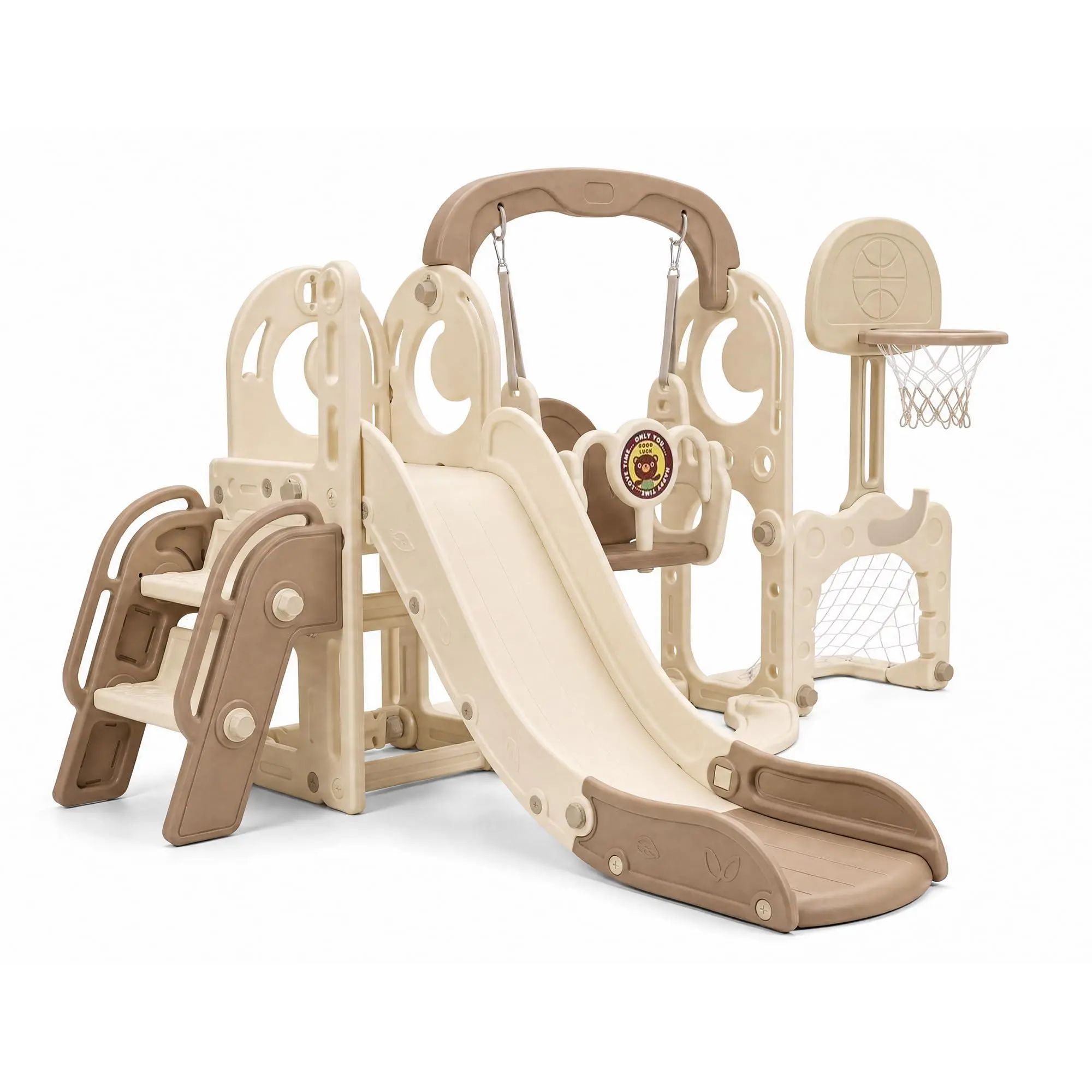 7 in 1 Toddler Slide and Swing Set, Kids Playground Playset Indoor Outdoor | Plastic Slide, Swing, Climber, Basketball Hoop, Soccer Goal, Ring Toss & Storage, for Kids Ages 1-3 Years Old-Brown