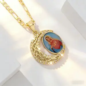 A Pendant Necklace of The with a Moon Design, Featuring a Decorative Golden Chain. This Elegant And s  Unique Religious Symbol That Complements Casual Outfits