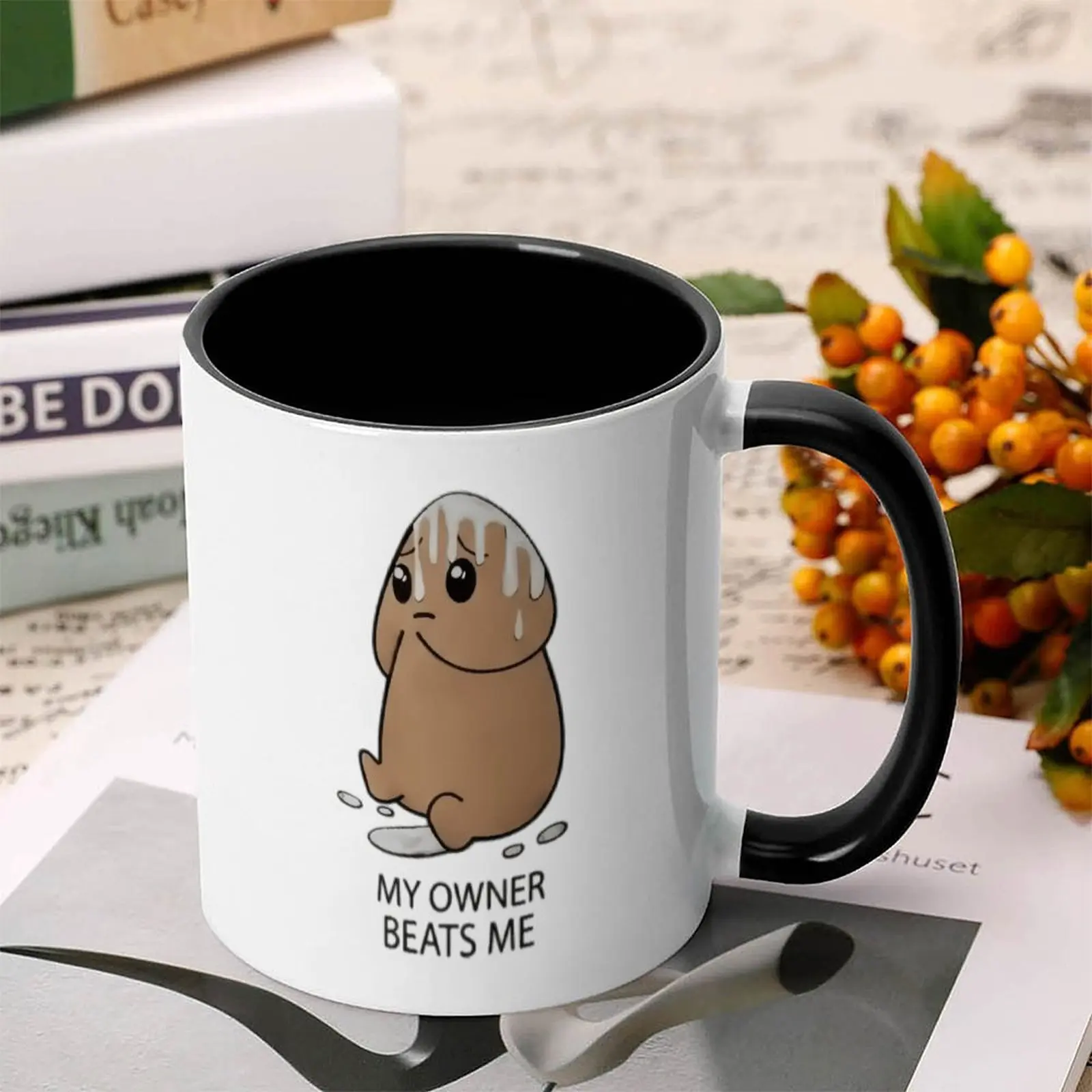 Funny Raunchy Mug “My Owner Beats Me” Cute Emotional Meme Ceramic Coffee Cup 11oz , Sarcastic Office Desk Gift for Friends Coworkers