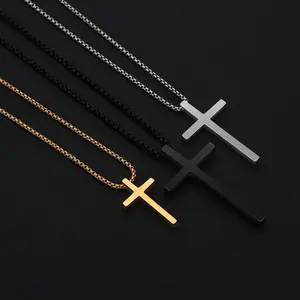 Cross Necklace for Men,Silver Black Gold Stainless Steel Plain Cross Pendant Necklace for Men Box Chain Fashionable Jewelry Accessories