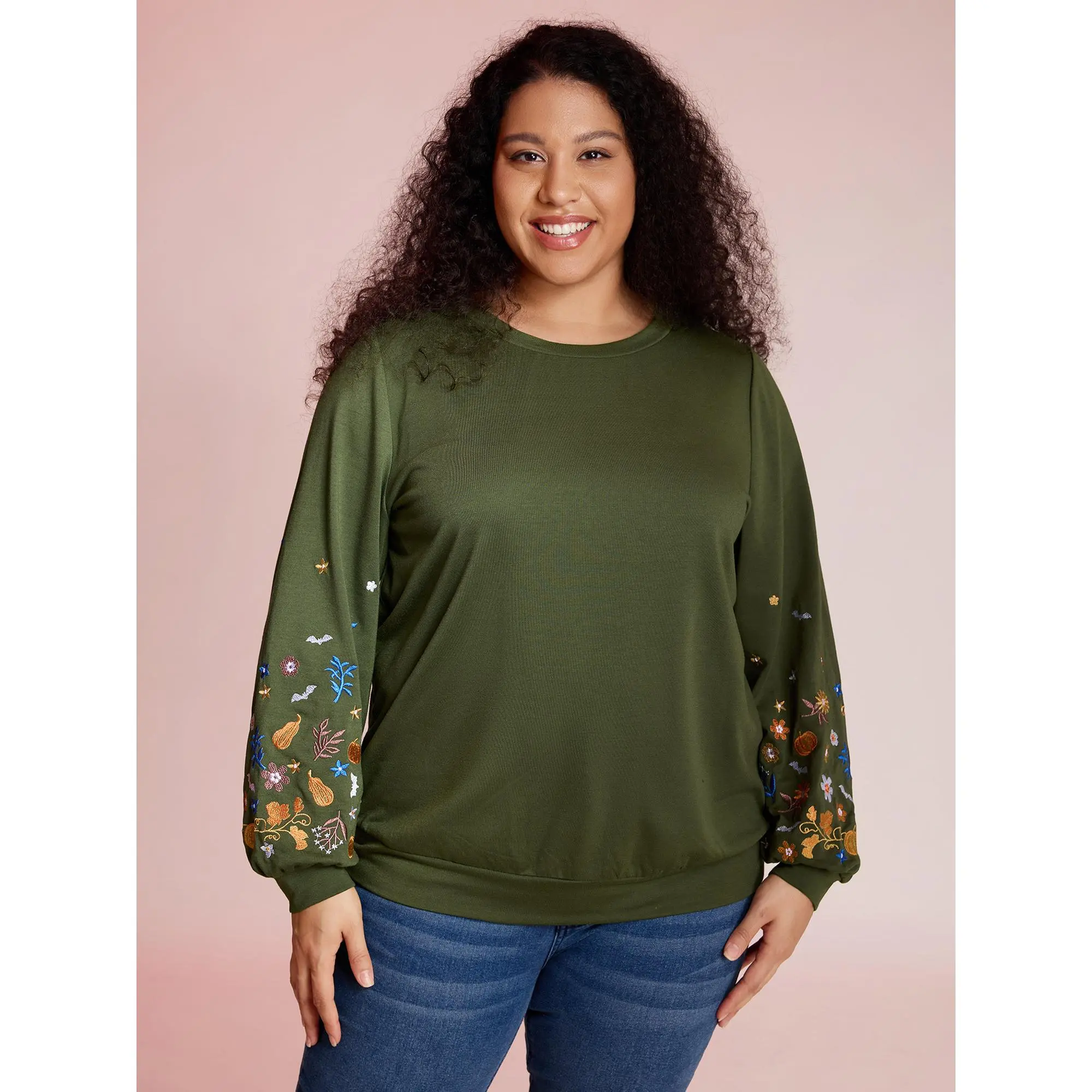 【 Comfy Chic】Bloomchic Floral Embroidery Textured Solid Sweatshirt Fit Long Sleeve ,Summerfinds Fit Green Womenswear Fabric