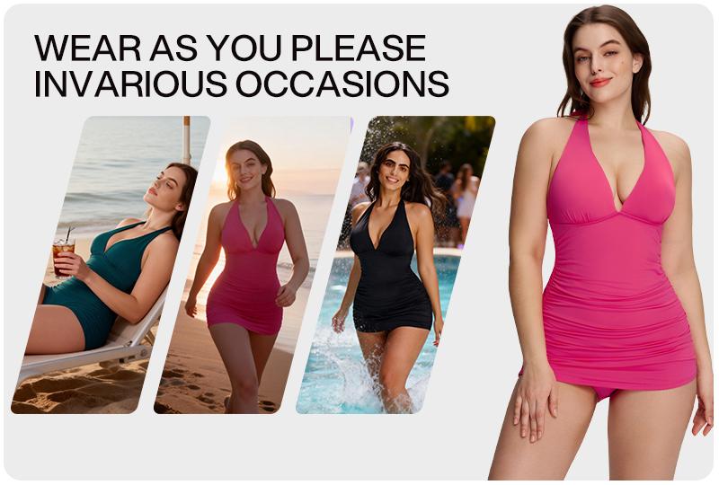 Lilylove 2026 New Women's Halter Tankini Set Ruched V-Neck Sculpting One Piece Swimsuit Tummy Control Slimming Snatched Waist Shapewear Bathing Suit Swimwear Swimming Beach