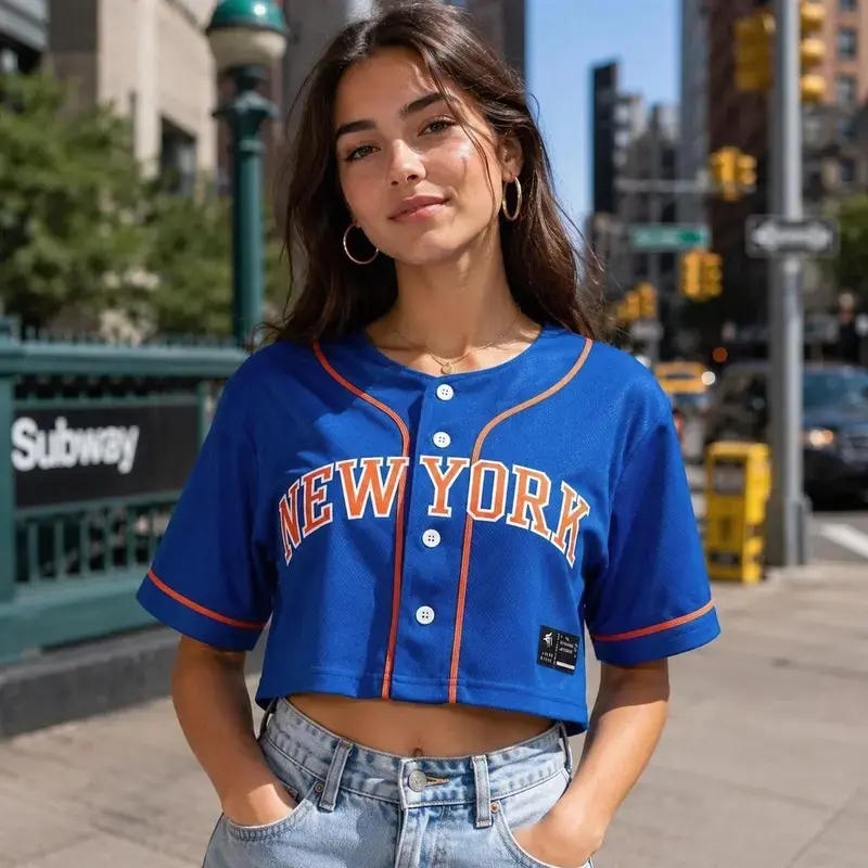 New York Print Crop Baseball Jersey Blue Button Up Streetwear Top