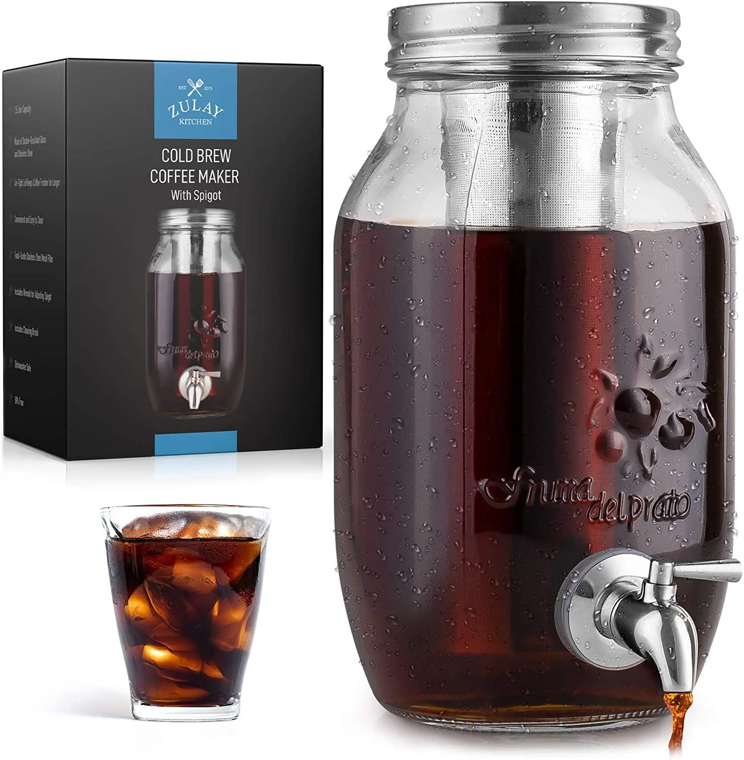 Zulay Kitchen 1.5 Liter Cold Brew & Iced Tea Maker – 51oz Glass Pitcher with Spout & Stainless Steel Filter, Airtight Carafe Coffee Lid