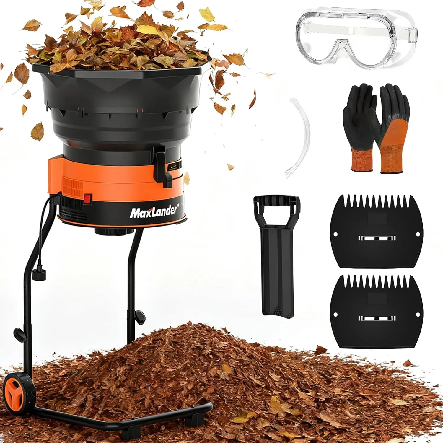 MAXLANDER Electric Leaf Mulcher-Shredder - 15 A (15A Quick Shredding), 8400 RPM, 18:1 Ratio, Adjustable Dial, Tool Box Kit with Goggles, Leaf Scoops, Gloves, Spade, 20 Cutting Lines, 55 GPM Portable Garden Grinder & Chipper for Wet/Dry Leaves, Lawn