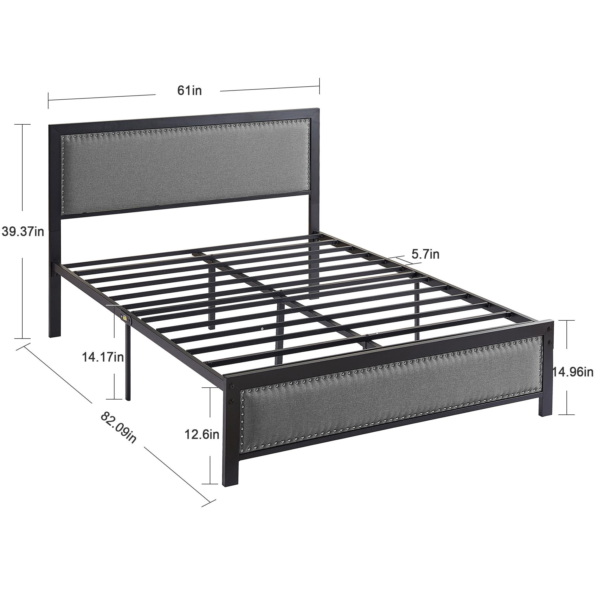 VECELO Bed Frame with Upholstered Linen Nailhead Trim Headboard Footboard Twin Full Queen Size Platform Metal Slat Support No Box Spring Needed Easy Assembly Black Gray Bedroom Furniture