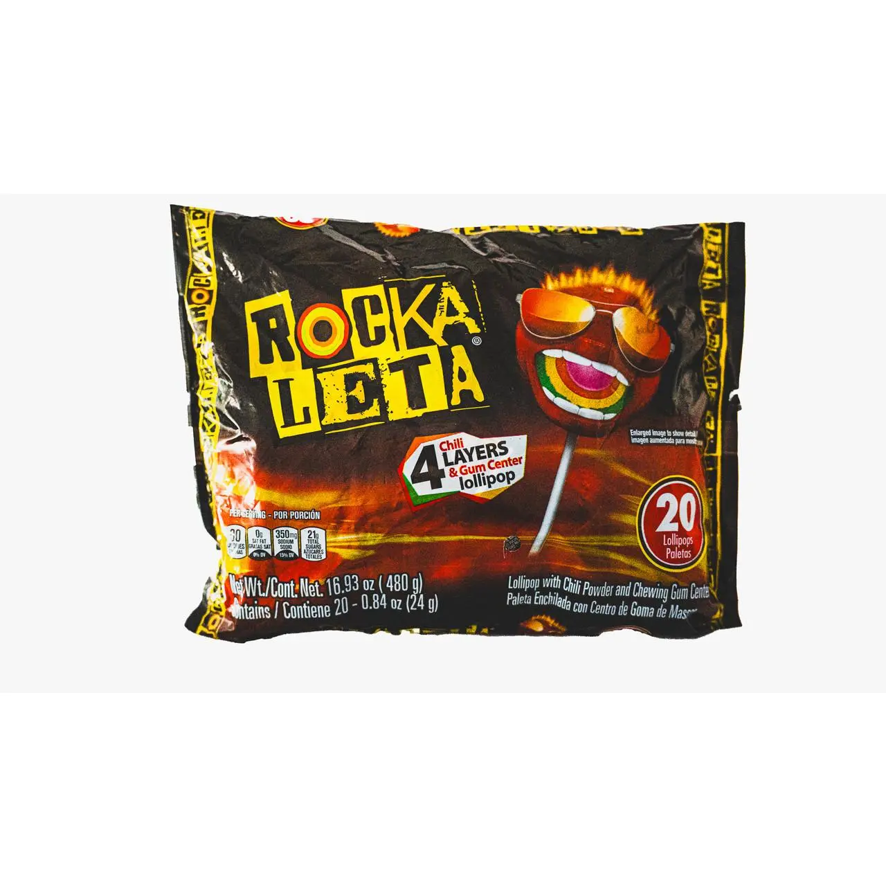 Sonric's Paleta Rockaleta Bag - 20 Chili & Mango Flavored Hard Candy Lollipops with Gum Center