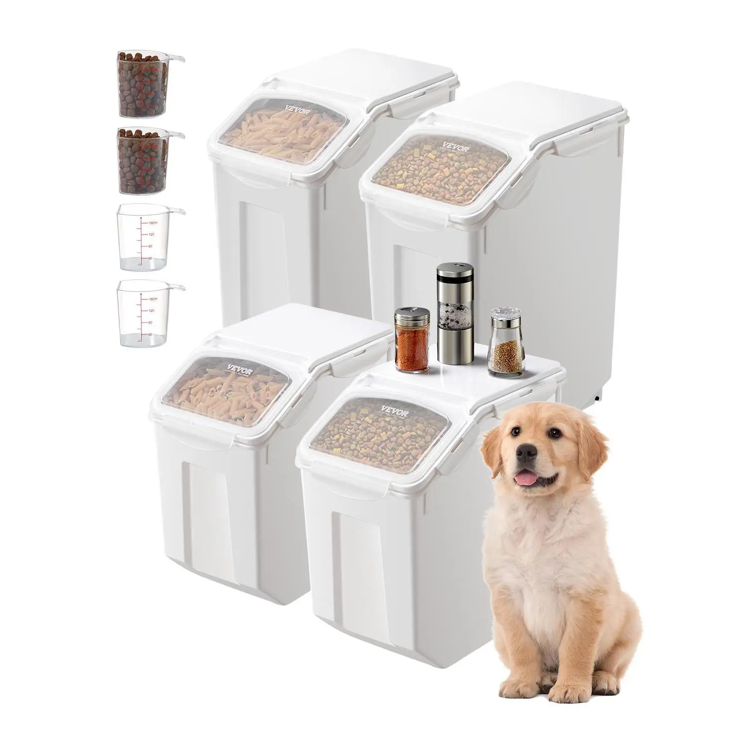 VEVOR Rice Storage Container,  3.5Gal/15Lx2 + 4.5Gal/20Lx2 Large Dog Food Dispenser Bin, Kitchen Ingredient Grain Cereal Bin, Pet food Containers with Wheels, 4 Measuring Cups, Airtight Lid, 4 Pack